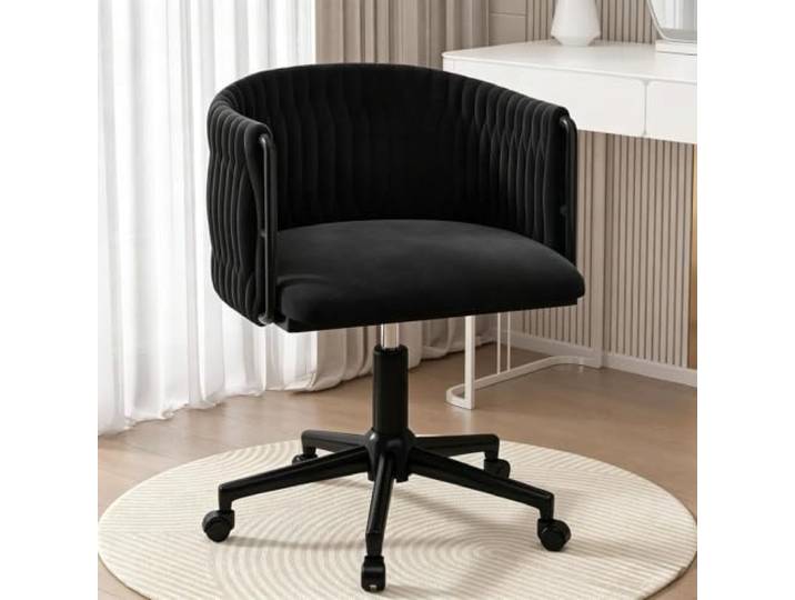 Verstellbarer Samt-Waschtischstuhl Mit Metallgestell, 360° Drehbar Ergonomischer Stuhl mit gebogener Rückenlehne, geeignet for Ankleiden, Büro und Maniküre(Black Legs,Black)