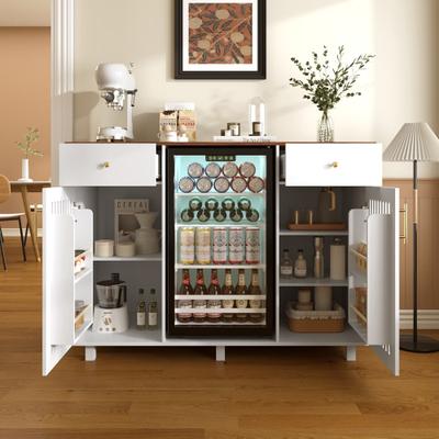 Bar Cabinet with Fridge Space (Fridge Not Included), Mid-Century Modern Bar Cabinet with Power Outlet