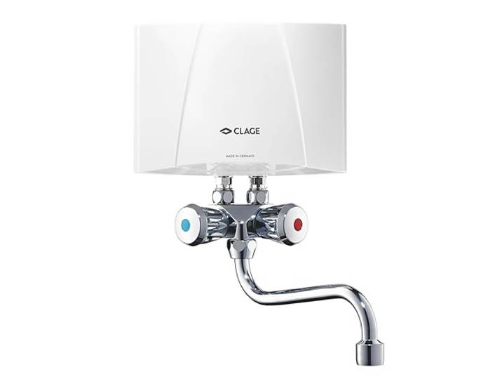 CLAGE M3/SMB Klein-Durchlauferhitzer 3,5 kW Set mit Armatur und Stecker Hydraulisch gesteuert, drucklose Zweigriffarmatur, Übertisch, steckerfertig, für Handwaschbecken, VDE-GS geprüft, 1500-17103