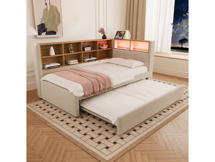 Lit gigogne 90x200 avec lit gigogne 90x190 LED prises nombreux rangements Flanelle Beige