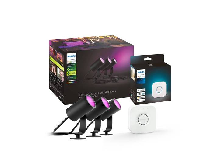 Philips Hue LED-Spot Lily, 3er-Set, Bridge, RGB, CCT, IP65 dimmbar, schwarz, Aluminium, Modern