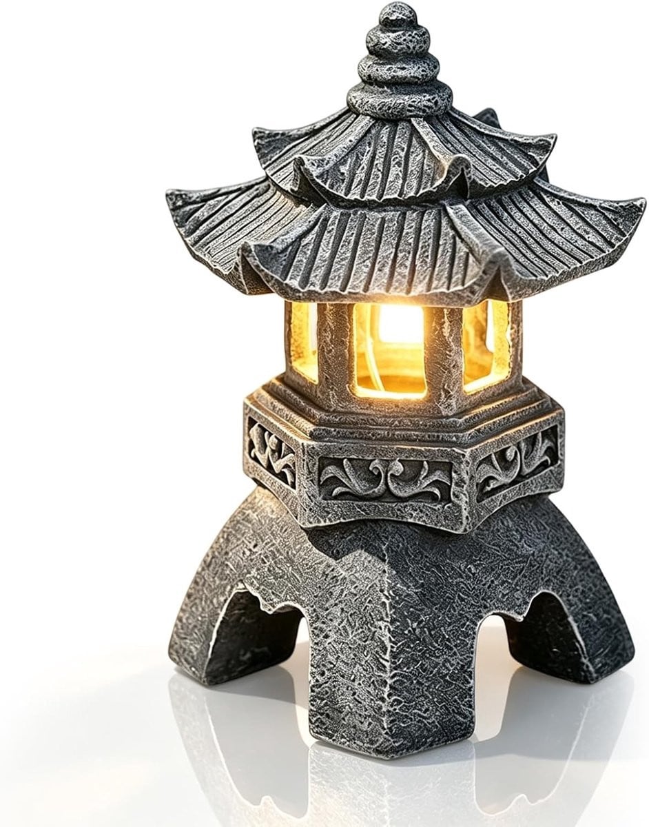 Zonverlichte Japanse Pagode Lamp voor in de tuin, decoratieve tuinlantaarn en beeld, 26 x 17 cm