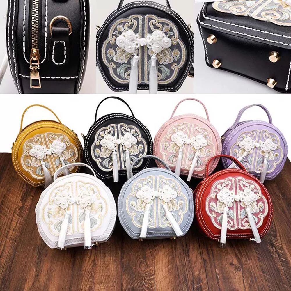 INF Sac rond brodé de style chinois traditionnel - Kit DIY compatible avec accessoires de couture en PU multicolore, sac à Blanc