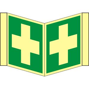 Abtec Hinweisschild ISO 7010 E003 Kunststoff, Nasenschild, 15 x 15 cm, langnachleuchtend, Erste Hilfe