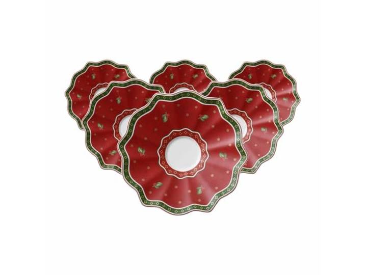 Villeroy & Boch Toy's Delight Rote Untertassen 6er Set, 16,5 cm, Kaffee- / Teeuntertassen mit Weihnachtsdekor, Weihnachtsgeschirr aus Premium Porzellan, Rot/Weiß