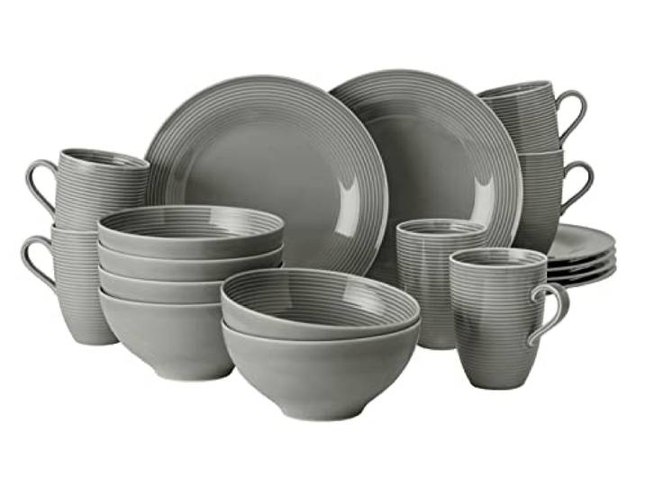 Seltmann Weiden Beat Color Glaze Frühstücksservice 18-teilig – Henkelbecher, Müslischalen und Frühstücksteller für 6 Personen – Porzellangeschirr mit Rillenrelief, Spülmaschinenfest – Perlgrau