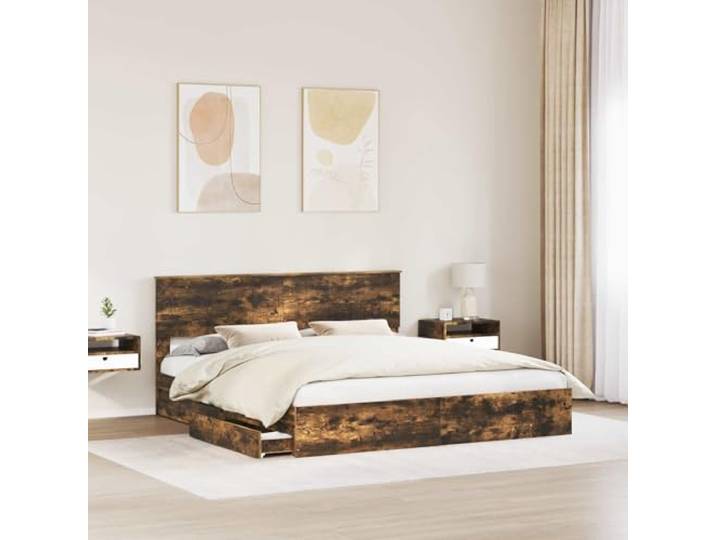 KTHLBRH Bettkasten Eiche Rauchgrau 180 x 200 cm Technisches Holz, integrierte Schubladen, Lattenrost, einfache Montage