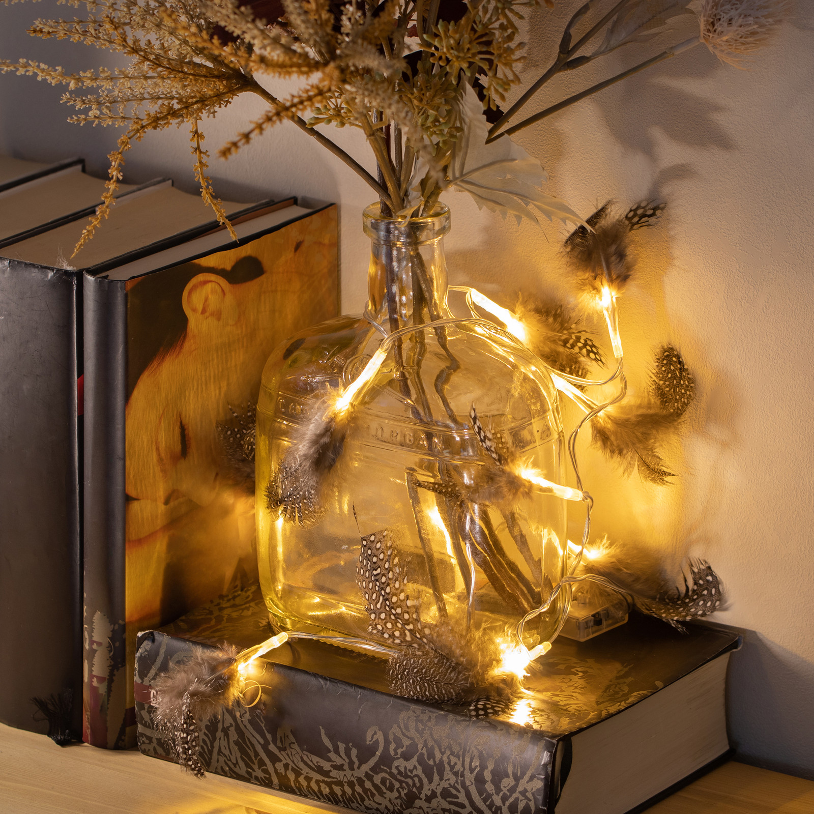 COM-FOUR 2x LED-lichtketting met veren - Batterijgevoede decoratieve kerstverlichting