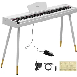 VEVOR Digitalpiano 88 Halbgewichtete Tasten in Standardgröße E-Piano Weiß für Anfänger, 600 Klangfarben, 600 Rhythmen, USB, MIDI, Audioausgang, Kopfhörerbuchse, Sustain-Pedal und HiFi-Lautsprechern