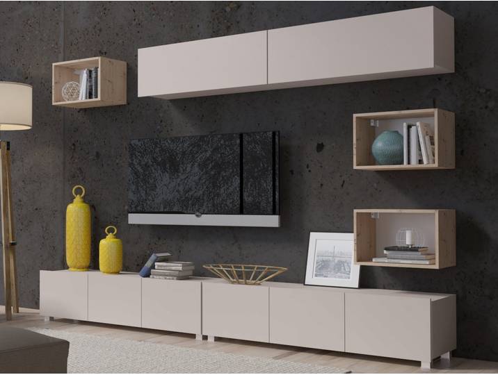 MOEBLINE Wohnwand Medienwand CABRIA 31 kaschmir 7tlg TV-Lowboard Hängeschränke