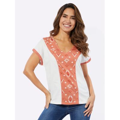 V-Shirt CLASSIC BASICS "V-Shirt", Damen, Gr. 44, orange (ecru, papaya, bedruckt), 100% Baumwolle, ethno, gemustert, V-Ausschnitt, Shirts