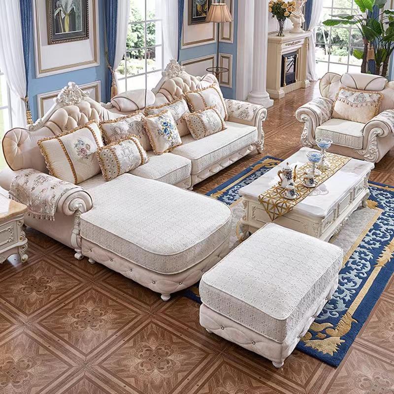 Ecksofa L-Form Sessel Hocker Design Couch Holz mit Textil Barock Rokoko