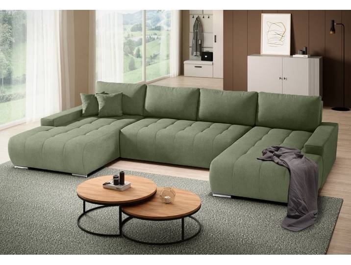 Ecksofa DRACO U-Form universell mit Schlaffunktion & Bettkasten, Grün (Velo629)