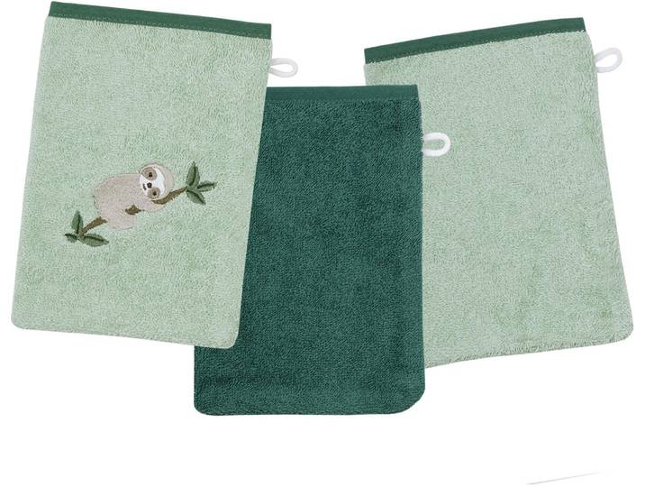 Waschhandschuh WÖRNER Faultier Waschhandschuh 3er Set , grün (helloliv, pinie), B:15cm L:21cm, Obermaterial: 100% Baumwolle, Handtücher, Waschhandschuh, 1x mit Stickerei Faultier, 2x unifarben
