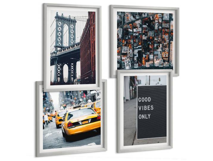 Tulup Bilder SET 4er Set - 50x50 cm & 40x60 cm Silberner Rahmen - Brückenstadt-Inschriften aus der Vogelperspektive, Silberfarben, Kunststoff, Rechteckig, 50x50 cm, gerahmt, Bilder & Rahmen, Bilder