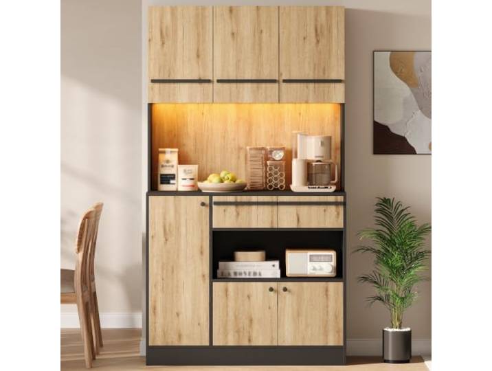 Merax Buffetschrank mit LED, Vitrinenschrank mit Verstellbarem Einlegeboden & Arbeitsplatte & 2 Schubladen, Mehrzweckschrank mit Holzoptik, Küche & Esszimmer, 40x100x180cm, Naturholzfarbe