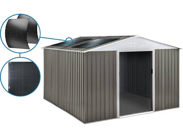Gerätehaus aus Metall \ Dallas\ - 15,16 m² mit Solarpaneelen - Taupe