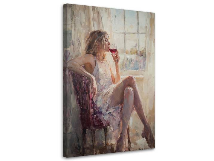 Feeby Wandbild nachdenkliche frau mit einem glas wein, Beige, Person/Charakter, Rechteckig, 60x90 cm, Bilder & Rahmen, Bilder, Leinwandbilder
