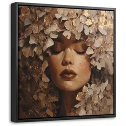 LEINWAND Bilder mit Rahmen - Gesicht - Dame - Blätter - Pinselstriche - 20x20