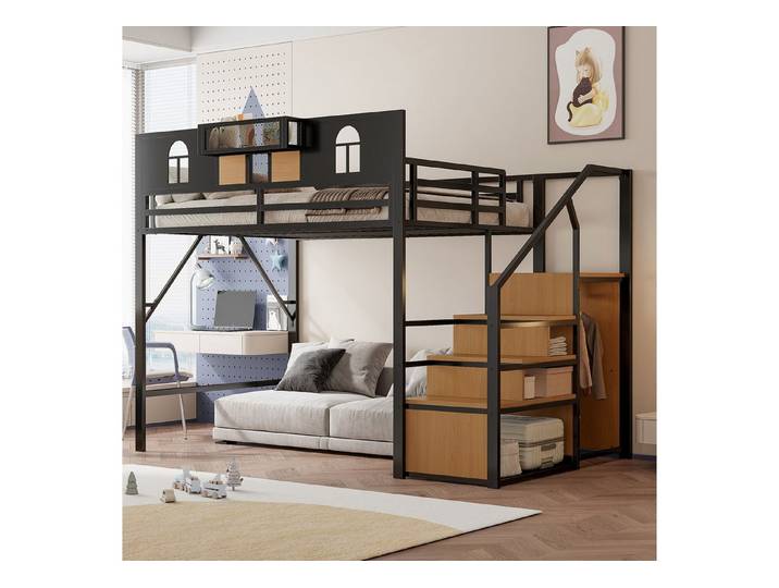 OKWISH Kinderbett Hochbett Metallbett (mit Stauraum Leiter & Fenster, Ablage und Netzgewebe, Stabiler Rahmen, 140x200cm), ohne Matratze