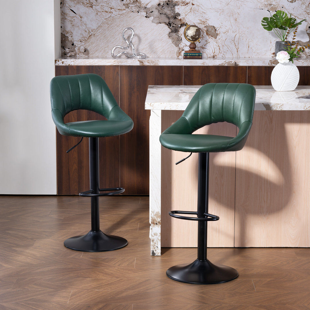 Ivy Bronx Alesea Yes Faux Leather Yes Bar Stool with Steel Frame Dark Green 47cm W X 52cm D