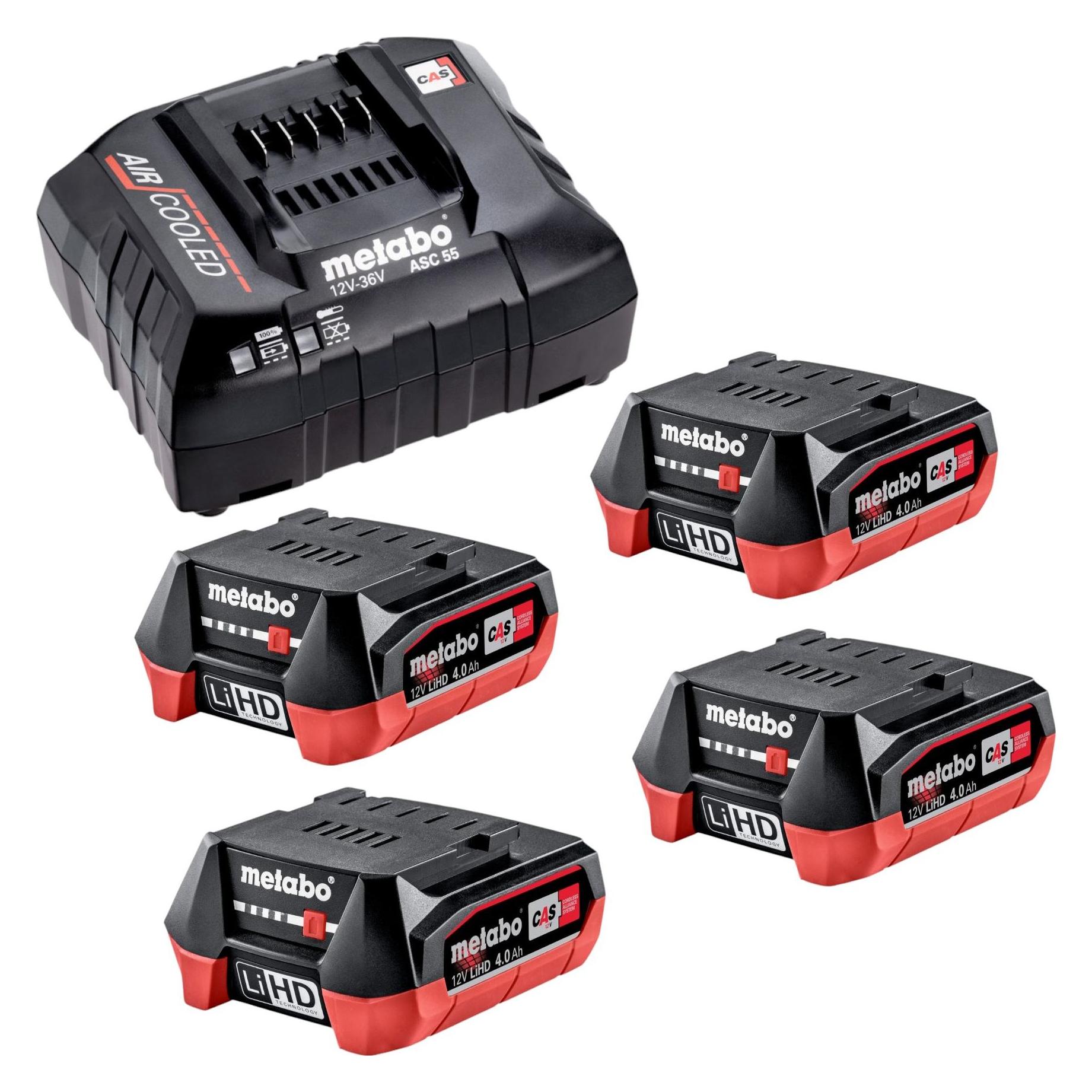 Metabo Basis Set 4x LiHD Akkupack 12 V 4,0 Ah Akku ( 4x 625349000 ) + ASC 55 Ladegerät ( 627044000 (12 V) (48990904)