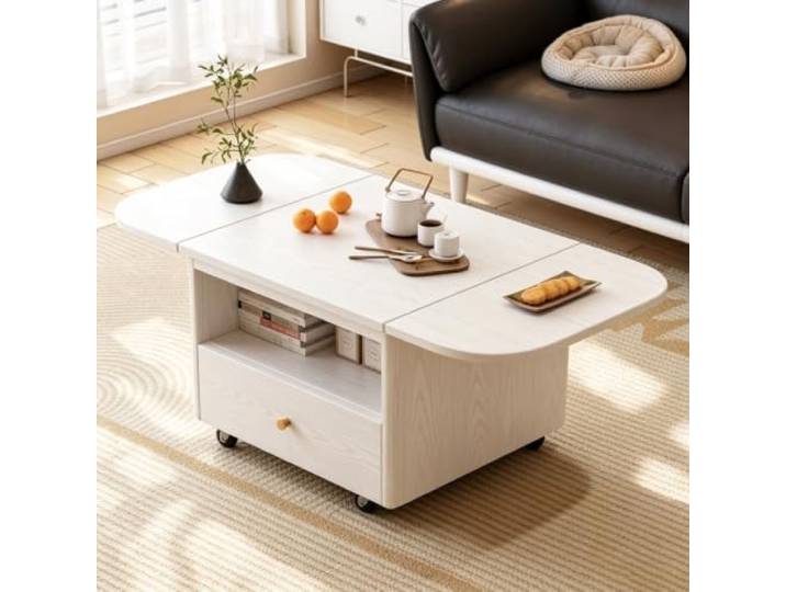 Massivholz Couchtisch mit klappbaren Seiten und Rollen für Wohnzimmer Gummiholz-Konstruktion, klappbare erweiterbare Platte, 360° Rollen, platzsparendes Design für Wohnzimmer & Wohnung(C)
