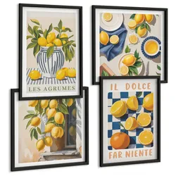 BILDER SET 4er Set - 50x50 cm & 40x60 cm Schwarzer Rahmen - Retro gelbe Zitrusfrüchte