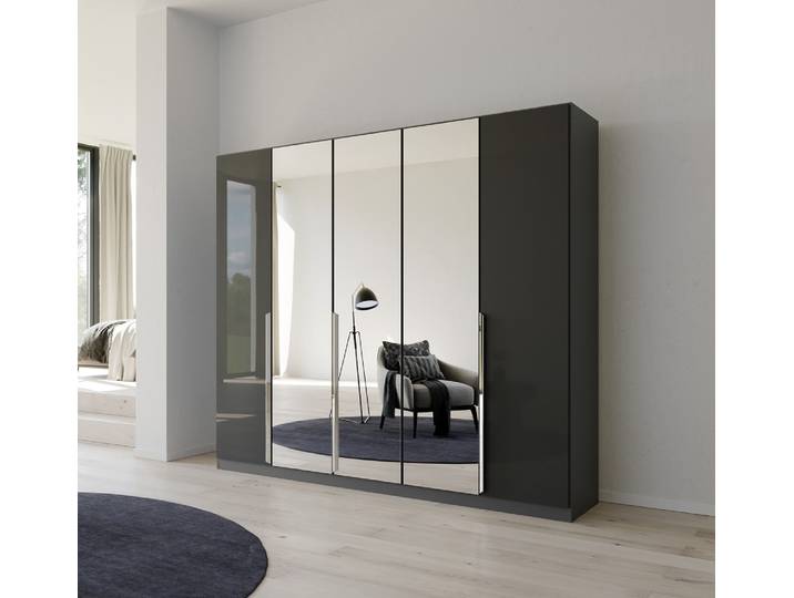 Kleiderschrank Drehtürenschrank Glamour , 5-türig , mit Spiegeltüren , effektgrau Hochglanz / grau metallic , 226x210