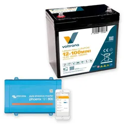 Voltrana Autarkie-Set 12,8V 100Ah Lithium LiFePO4 Batterie mit Victron Phoenix 12/800 Wechselrichter