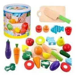 Lean Toys Ein Set aus Gemüse und Obst zum Schneiden in einem Eimer