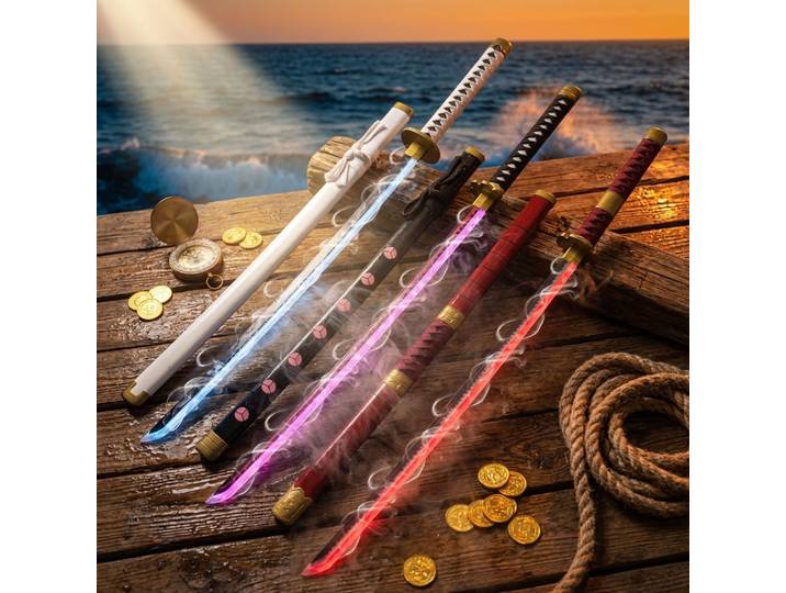 Épée Lumineuse LED 104 cm One Piece, Réplique Zoro Anime, Sabre de Samouraï Luffy, Katana Japonais en Bois Taille Réelle, Jouet Cadeau
