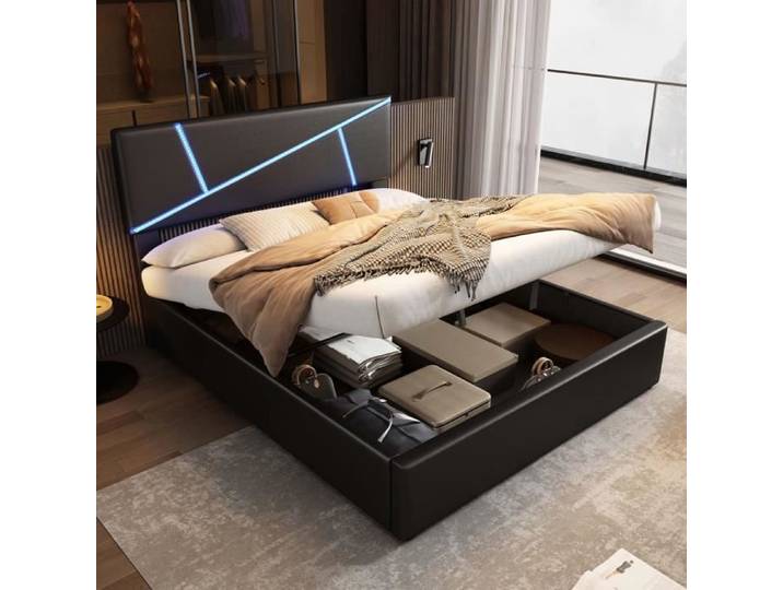 Lit coffre - MODERNLUXE - 140x200cm - LED - sommier à lattes - noir