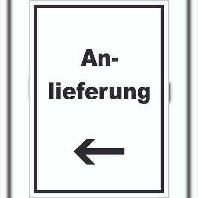 HB-Druck Anlieferung Aufkleber mit Text und Richtungspfeil links Annahme hochkant A2 (420x594mm)