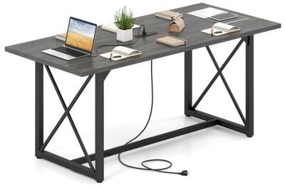 Costway 6FT Conference Table with Power Outlets Seats 6-8 People for Office-Gray