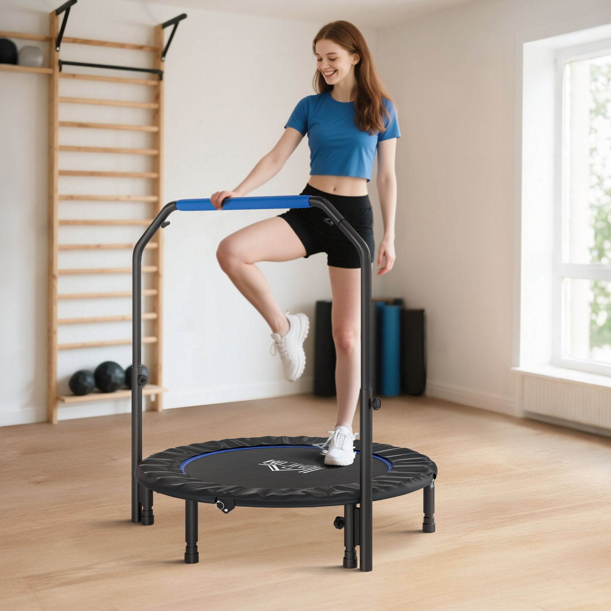 Homcom Mini Trampolino Fitness Ø114 cm Pieghevole con Manubrio Regolabile in Altezza, Blu e Nero   Aosom Italy