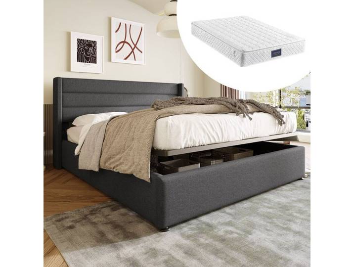 Lit coffre double complet lit superpos et capitonn adult-rangement linge- gris 160x200cm avec matelas-HAUSS SPOLE
