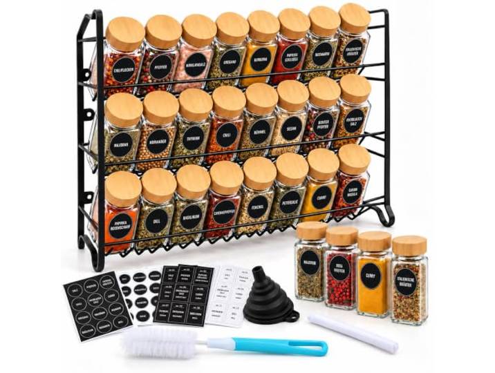 Relaxdays porte-épices\, noir 24 bocaux\, organiseur cuisine\, à poser ou mural\, H x L x P 37 x 25 x 12 cm\, métal\, bambou