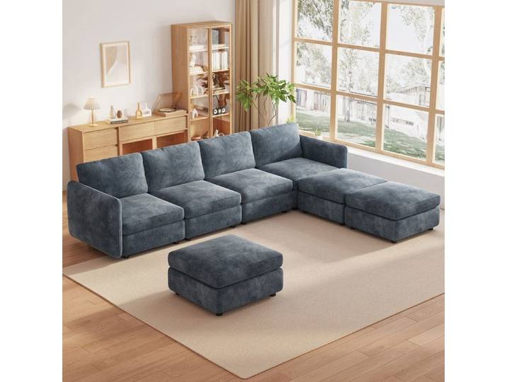 Canapé d'Angle 7 Places Modulable en Tissu Salon Scandinave avec Méridienne et Poufs Grand Canapé Confort Design Moderne