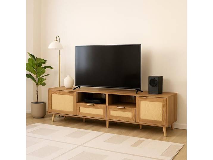 URBAN MEUBLE Meuble TV en rotin tressé pieds en bois massif