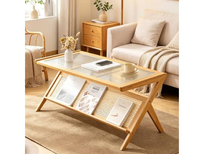 Luxuriöser minimal Couchtisch, geriffelte Glasplatte stabiler Bambusboden Couchtisch mit eleganter geriffelter Glasplatte, stabiler verdickter Bambusrahmen, abgerundetes Kanten-Design(Natural)