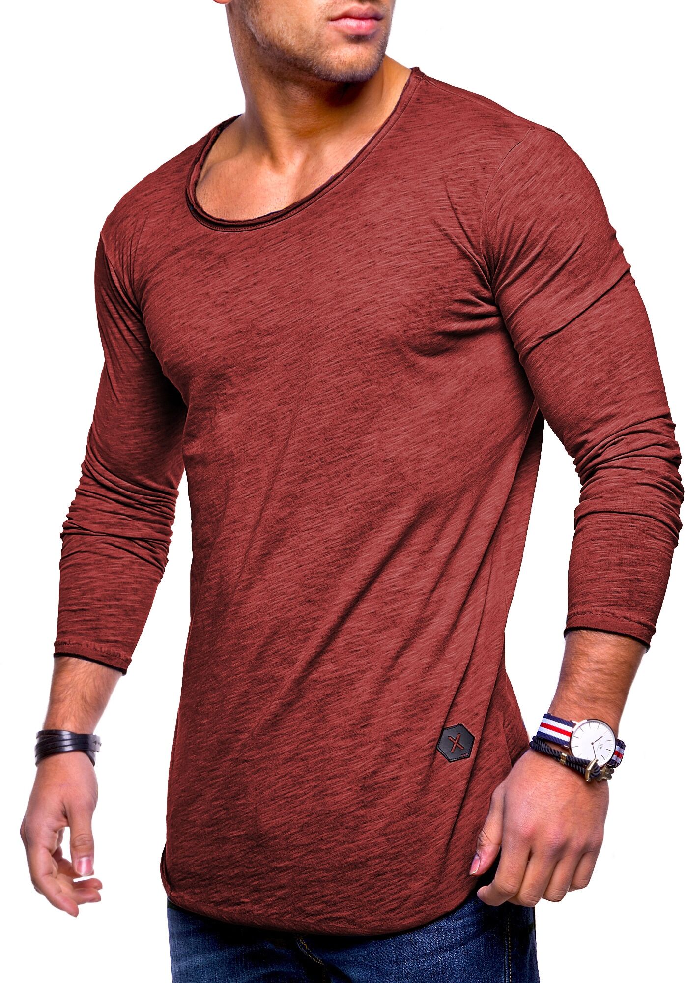 Langarmshirt BEHYPE "Dust L/S", Herren, Gr. M, rot (weinrot), 100% Baumwolle, unifarben, Shirts Langarmshirt, mit weitem Halsausschnitt