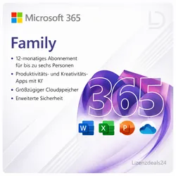 Microsoft 365 Family | Bis zu 6 Personen | Premium-Apps & Cloud-Speicher | 1 Jahr Abonnement | PC, Mac, iOS & Android