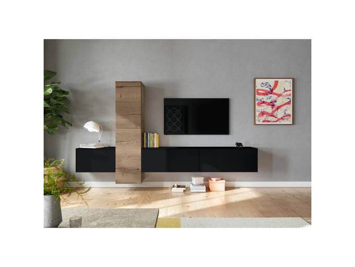 Celina Home Wohnwand, Schwarz, Eiche, 6,4 Fächer, 282x160x37 cm, Goldenes M, erweiterbar, Typenauswahl, individuell planbar, Beimöbel erhältlich, umfangreiches Zubehör hängend, in verschiedenen Holzdekoren erhältlich, Wohnzimmer, Wohnwände, Anbauwände