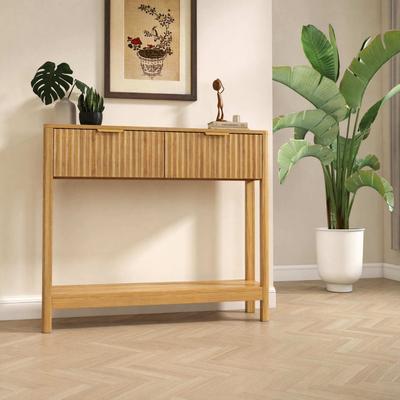 Kodotan sofa Mid-Century Modern Fluted Console Table with 2 Drawers & Open Shelf, Oak Finish Narrow Entryway Table, Slim Sofa Table