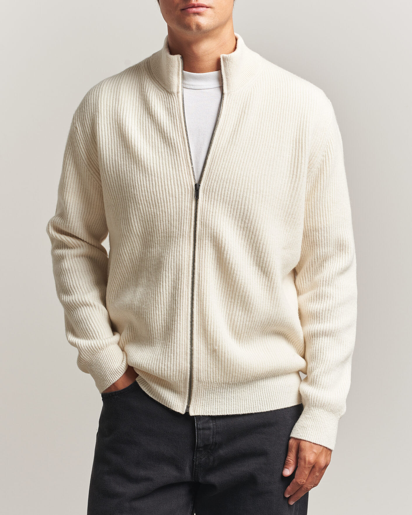Les Deux Wool Rib Zipper Knit Ivory Melange men M Beige