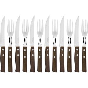 Tramontina Steakbesteck Tradicional, Edelstahl, für 6 Personen, mit Holzgriffen, braun / silber, 12-teilig