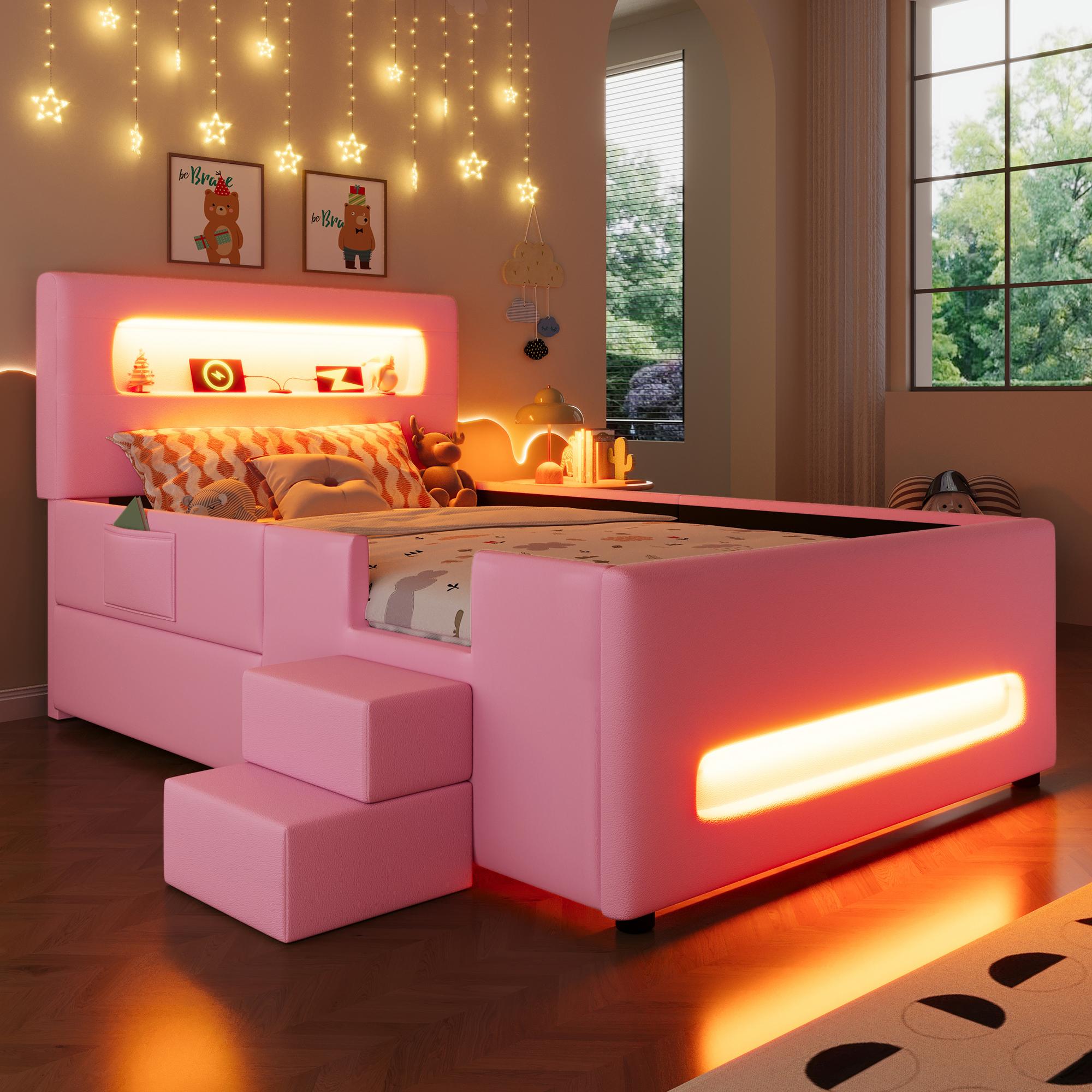 Merax Polsterbett Kinderbett 90x200 cm mit LED-Lichtleisten, Treppe, Schublade und Aufbewahrungstaschen, Plattformbett, Jugendbett, Flachbett, Rosa