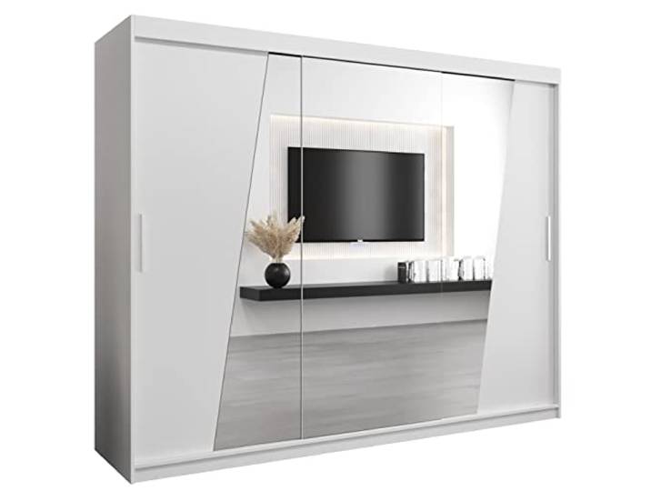MEBLE KRYSPOL Rhomb250 Schlafzimmerschrank mit DREI Schiebetüren, Spiegel, Kleiderstange und Regalen – 250x200x62cm - Mattweiß