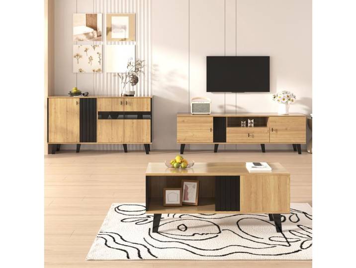 WOVREO Ensemble meubles de salon 3 pièces avec table basse meuble TV 170 cm et sideboard LED bois et noir